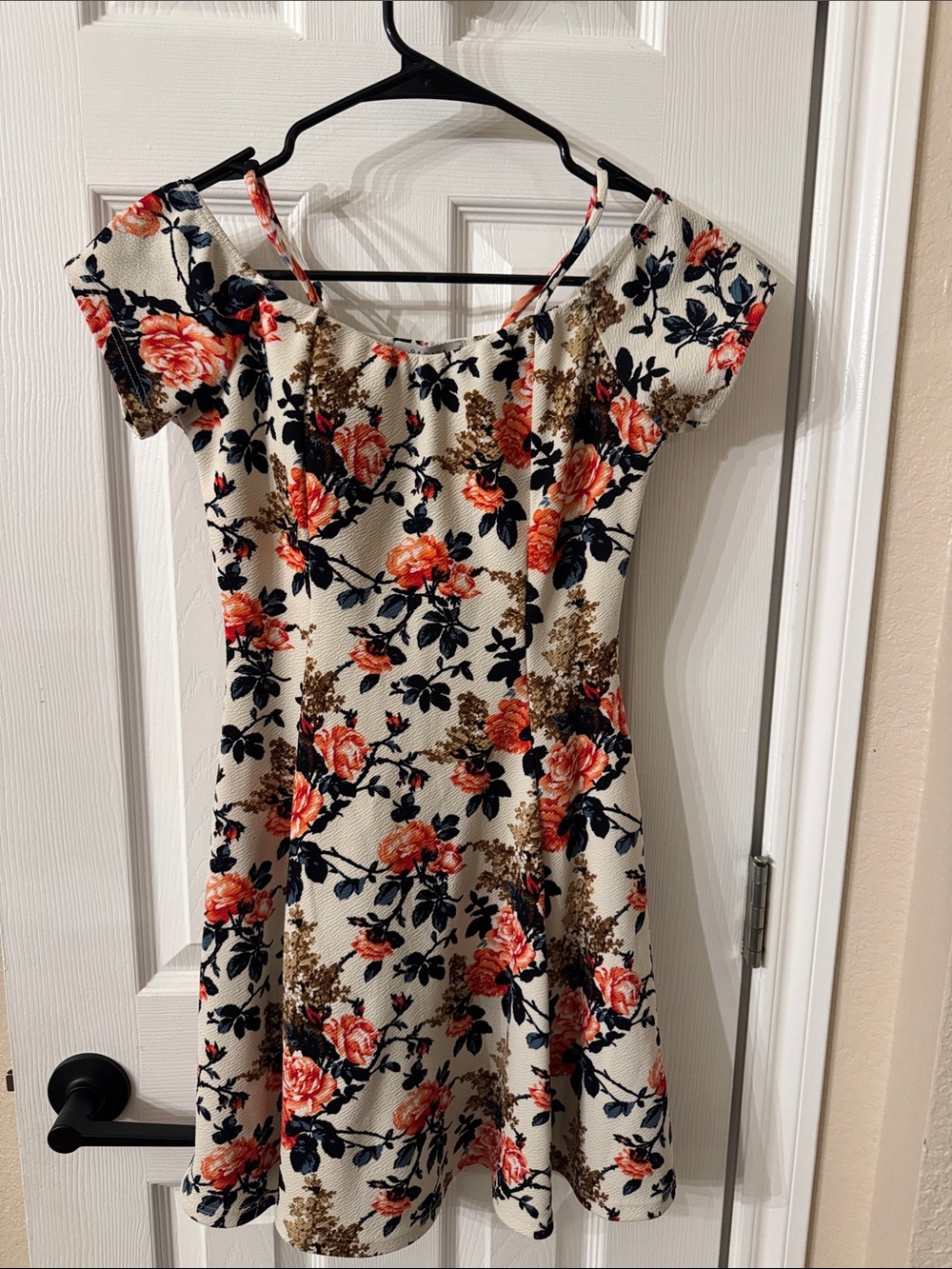 Papaya Ivory Off-Shoulder Floral Dress with Coral Roses